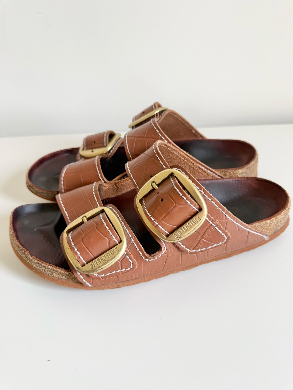 Birkenstock + STAUD Arizona Big Buckle Slide Sandal Croc Embossed Brown 40/9 - Picture 2 of 13